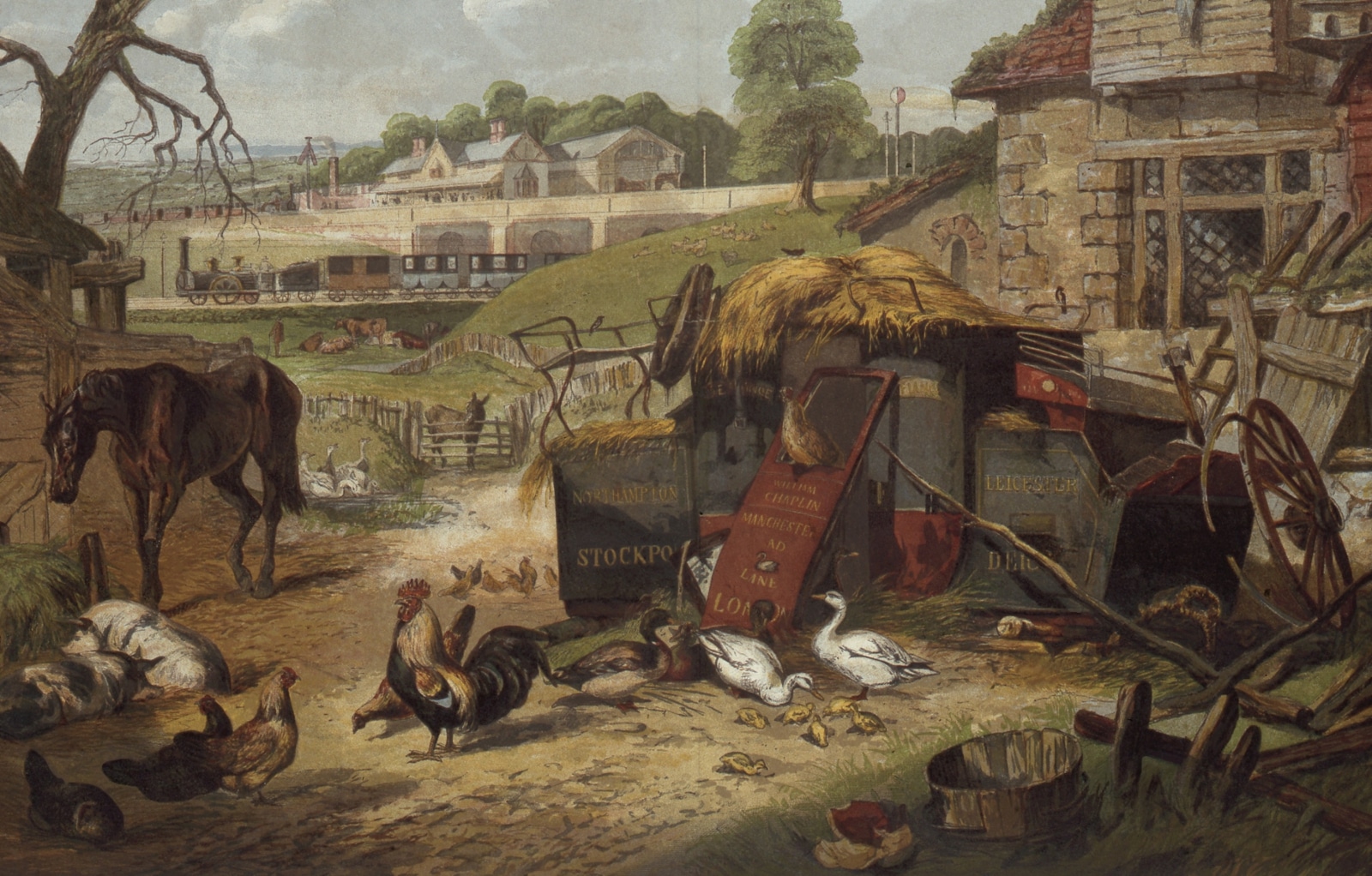 Spotprent over het verval van de postkoetsdiensten door de opkomst van de trein, verzameling Instituut voor Financiële Archeologie (Mechelen)